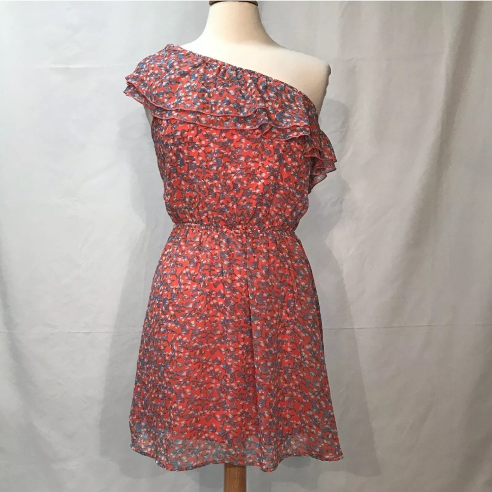 Mimi Chica Pink Floral Ruffle One Shoulder Dress